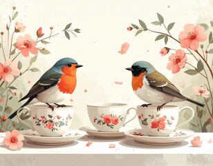 鳥　ティーカップ　花