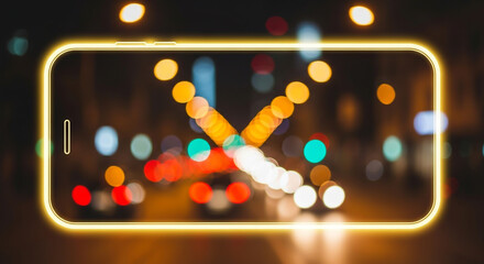 Glowing smartphone outline framing colorful city bokeh lights at night, creative modern technology concept background.