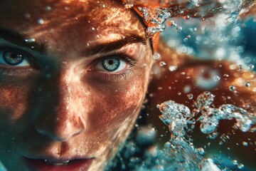 Close up of young woman swimming underwater in natural light showing water droplets on face and hair