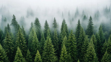 Dense fog envelops lush pine forest, creating moody and cinematic atmosphere