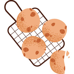 Four Round Chocolate Chip Cookies on a Wire Rack One Cookie Broken Transparent Background