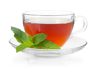 Cup of delicious tea and mint isolated on white