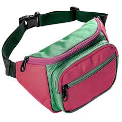 A brightly colored, two-toned fanny pack or waist bag.