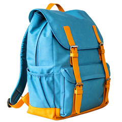 a medium-sized backpack in a vivid blue color with contrasting bright orange accents on the straps, buckles, and base.