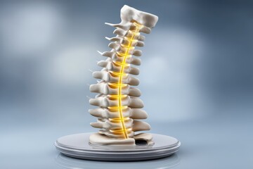Fototapeta premium Anatomical visualization of a human spine illuminated with bioluminescent effects showcasing the intricate vertebrae structure emphasizing the significance of spinal health in modern medical