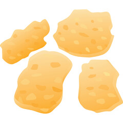 Four Golden Yellow Crunchy Potato Chips Scattered on White Background with Subtle Texture Detail and Soft Lighting