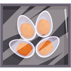 Four Halved Boiled Eggs Arranged On A Gray Surface In Overhead View With Soft Lighting Illuminating The Orange Yolk And White Protein Against A Minimalist Background