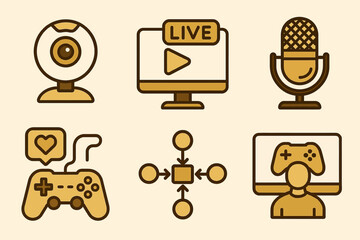 Minimalistic icons for streaming and gaming: webcam, live screen, microphone, controller