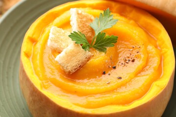 Tasty pumpkin cream soup with parsley and croutons served in pumpkin, closeup