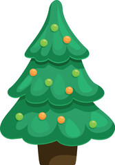 Cartoon christmas tree decorated with colorful balls, celebrating winter holidays and bringing festive cheer