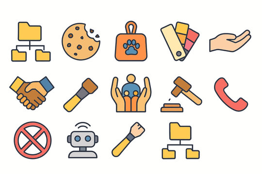 Colorful flat icons set featuring technology, business, and communication elements