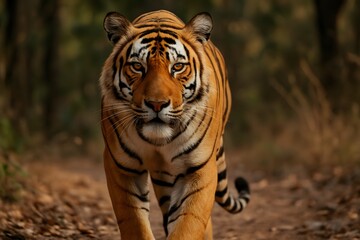 Fototapeta premium Majestic Tiger Roaming in Wildlife Safari: Stunning Close-Up Photograph of Endangered Feline Predator in Natural Habitat