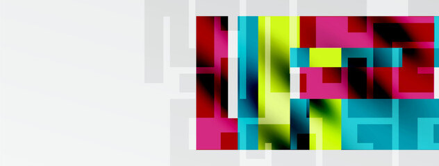 Fototapeta premium Abstract colorful blocks dominate image. Rectangles overlap, creating vibrant visual texture. White space provides contrast.