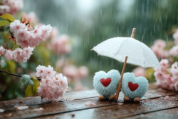 Two Heart- Shaped Toys Under Umbrella in Rain with Cherry Blossoms