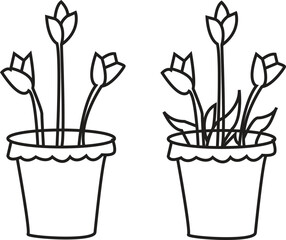 Simple Cartoon Tulip Flowers in a Pot Line Art Drawing for Spring Coloring Book Page