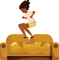 Happy girl jumping and having fun on a broken sofa with springs and stuffing showing