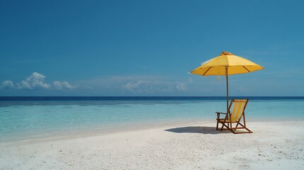 Yellow Beach Umbrella and Chair on White Sand Beach