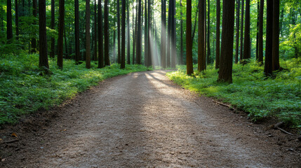 Obraz premium Dirt path surrounded by tall trees with sunlight filtering through leaves creates serene