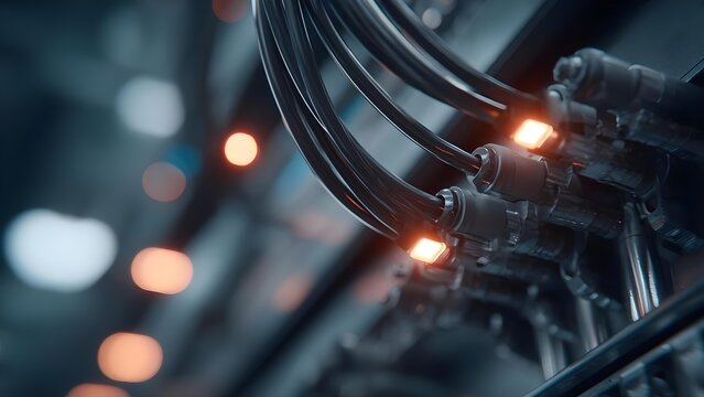 Close-up of thick black data cables and modular connectors with orange indicator lights in a data center rack. Concept Data center cabling close-up, Thick black data cables and modular connectors