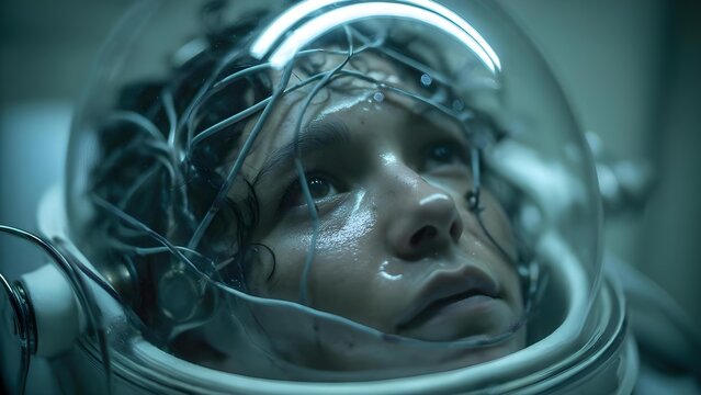 A person wearing a clear space helmet with tangled tubes and wires, gazing upward in blue-lit surroundings. Concept Futuristic space-helmet portrait with tangled tubes