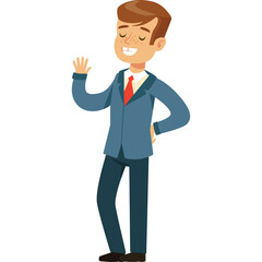 Friendly Young Man Wearing A Blue Suit And Red Tie Waving Hello With A Smile And Freckles Standing On A Transparent Background Representing Business And Greeting