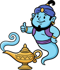 Thumbs Up Cartoon Genie with Magic Lamp Vector Illustration – Friendly Blue Djinn Character, Kids Masco