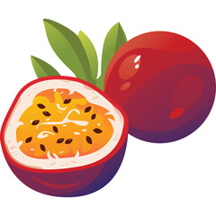 Fresh Passion Fruit Cut In Half Revealing Juicy Orange Pulp With Seeds and Green Leaves on White Background Healthy Tropical Fruit