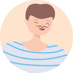 Friendly Man With Moustache Wearing Blue And White Striped Shirt Smiling Happily Isolated On Beige Circular Background