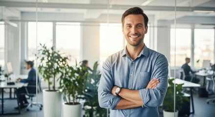 Confident businessman with arms crossed smiling in a modern, sunlit office environment with colleagues working in the background.