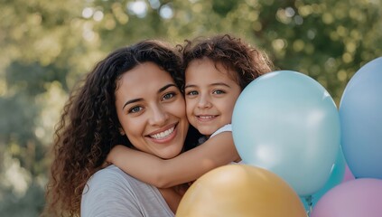 Affectionate mother holds her happy little girl, surrounded by colorful balloons in a sunny garden