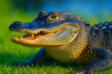 Fototapeta premium Crocodile and Alligator Reptile Wildlife Close-Up in Natural Habitat: Teeth, Great Jaws, and Colored Scales under Sunlight - Safari Herpetology Photography in Florida and Asian Ecosystems