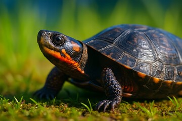 Obraz premium Macro Close-Up of a Colorful Exotic Land Turtle Crawling in Its Natural Habitat: Discover the World of Turtle Wildlife and Conservation in a Picturesque Scene