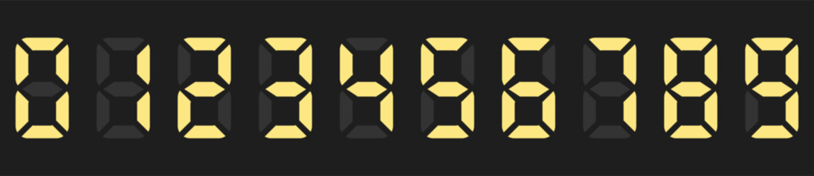 LED digital board Electronic style. Display information set scoreboard with digits from 0 to 9, Signages,Information Panels, Sports, Games, Data Boards, Schedules. Zero to Nine Cyan clock numbers