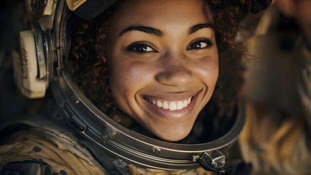 A close-up of a smiling woman wearing an astronaut helmet and a space suit. Concept Astronaut Portrait, Space Helmet, Smiling Woman, Close-Up Portrait, Futuristic Fashion