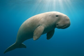 Fototapeta premium Close-Up View of Tranquil Florida Manatee Swimming Underwater in Coastal Waters - A Rare Glimpse into the Life of Endangered West Indian Sea Cows in Their Natural Marine Habitat