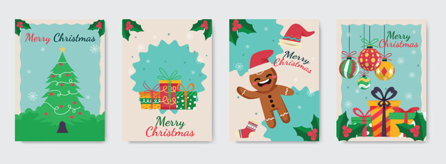 Set Christmas poster and greeting card collection with festive illustrations, Christmas tree, gift boxes, ornaments, and modern holiday typography design. © Trivic