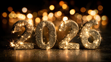 Sparkling golden new year 2026 with bokeh lights in the background, representing new year celebration and festive atmosphere