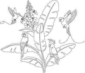Exotic tropical rainforest scene with parrots and hummingbirds among lush banana leaves