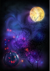 Vector Halloween Pumpkin and Full Moon Night with Dark Trees and Glowing Mist