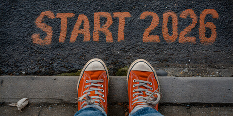 Fresh New Year 2026, A person wearing orange sneakers stands on asphalt with the words start 2026 painted in orange, representing the start of a new year and future endeavors