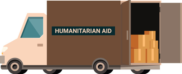 Humanitarian aid truck delivering emergency supplies, side view
