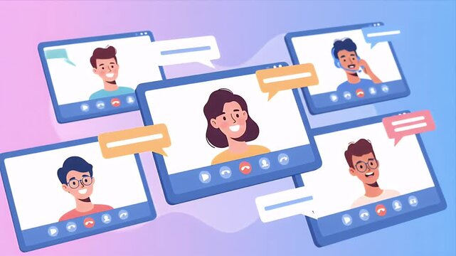 Animated video call with diverse smiling participants collaborating and communicating online