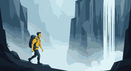 Adventurous Hiker Explores Majestic Waterfall Canyon in a Serene and Inspiring Landscape