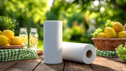 Outdoor garden picnic with lemon baskets, grapes, jars of lemon water, and two paper towel rolls on a wooden table. Concept Outdoor Picnic, Garden Setting, Lemon Theme, Grapes and Lemon Water