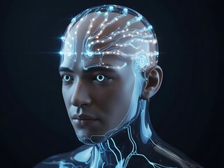 AI humanoid with transparent head showing glowing neural circuits on dark background