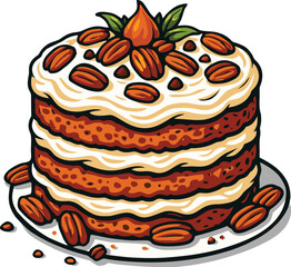 Delicious layered carrot cake with creamy frosting and crunchy pecans on top