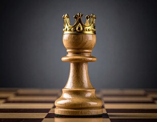 Chess Pawn Crowned with Golden Ornamentation on Checkered Board Under Dramatic Lighting Against Dark Gray Backdrop, Symbolizing Strategy and Ambition