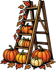 Autumn pumpkins stacked on wooden ladder surrounded by colorful falling seasonal leaves © Ferdian
