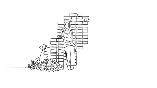 Animation of continuous one line drawing Arab woman sits on pile of banknotes and money bags form throne. Hard work. Rich. Be a Millionaire Day. Single line self drawing animated. Full length motion