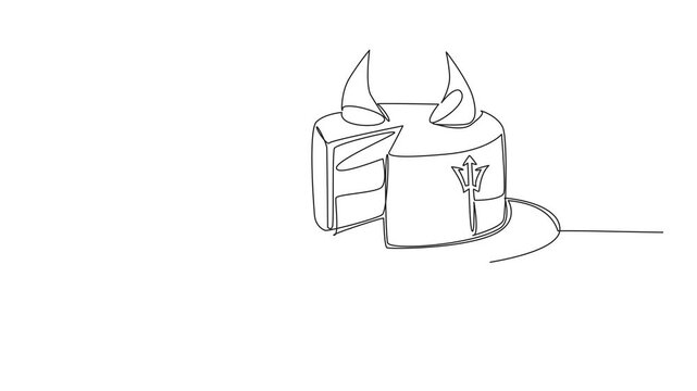 Animation of single continuous line drawing food cake of devil cut with horn topping. A darker, denser cake. Culinary. National Food of Devil Cake. One line self drawing animated. Full length motion